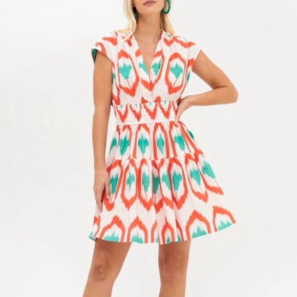 Oliphant Smocked Waist Mini Dress in Odisha Coral Print Women's Sz S Orange Teal - Picture 1 of 14